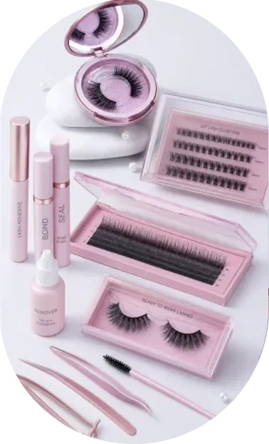 YLHT Lash pink eyelash products with lash boxes, cluster lashes, bond and seal, remover, and tweezers
